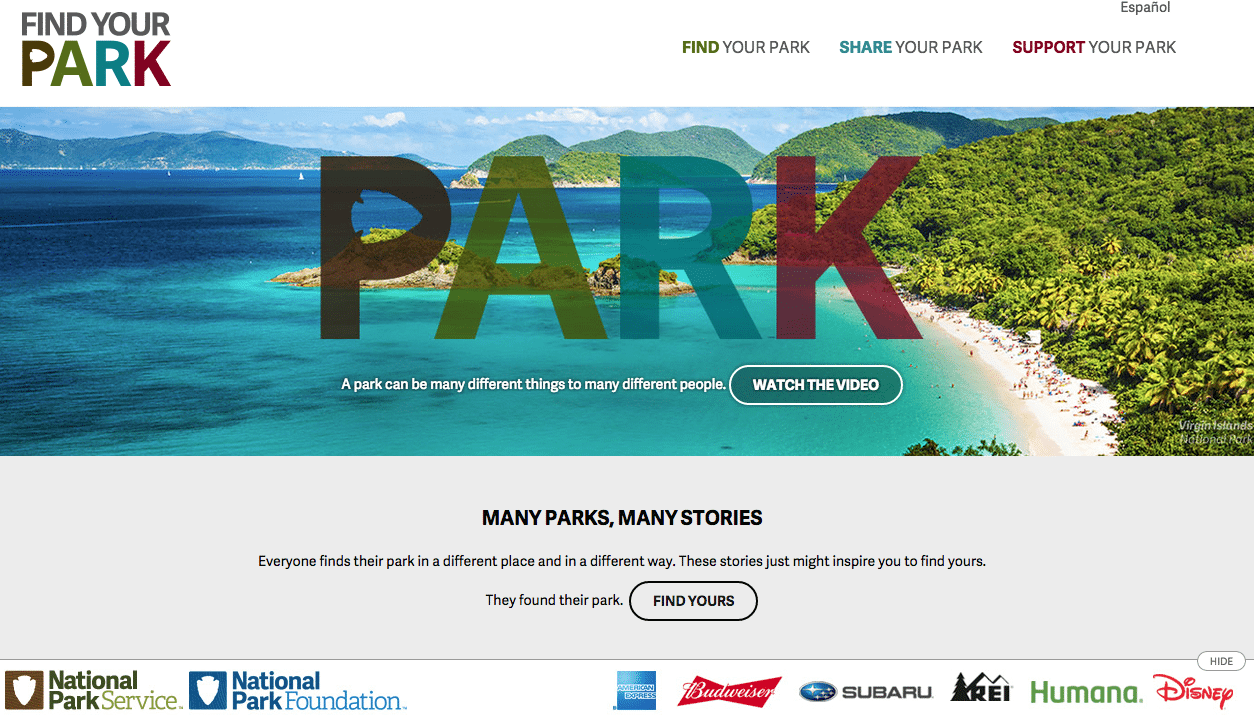 The homepage for the National Park Service's campaign Find Your Park.