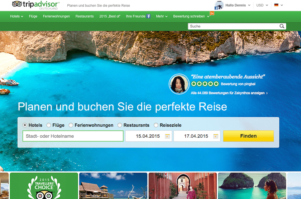 TripAdvisor believes that Google's practices inhibit consumers from reaching TripAdvisor's websites via the Google search engine. Pictured is the homepage of TripAdvisor Germany.