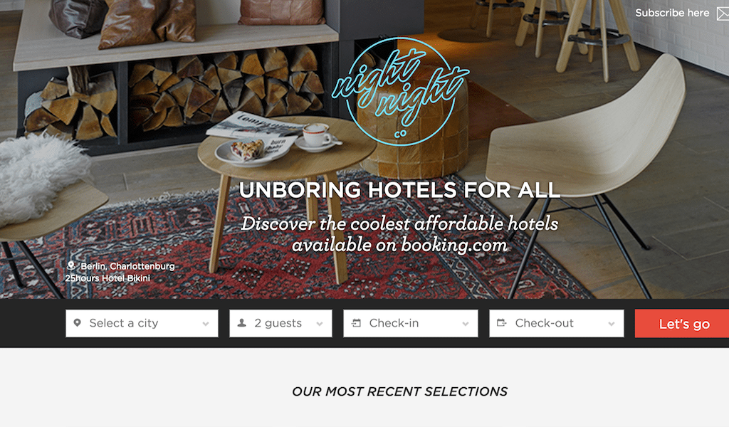 NightNight curates the best lifestyle-oriented hotels from Booking.com.
