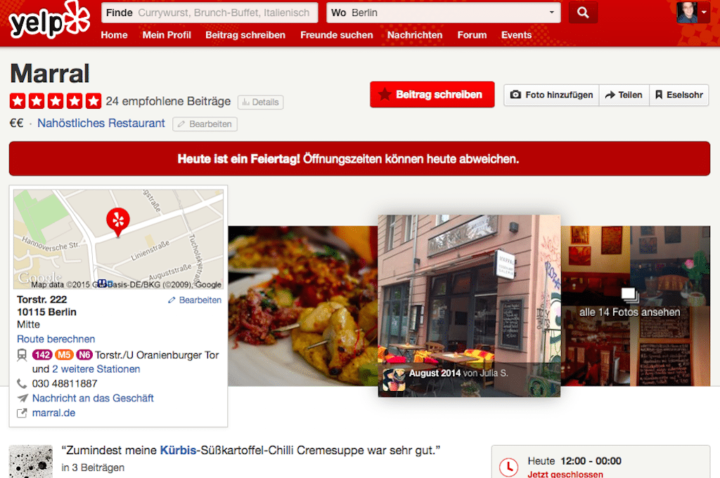Yelp has been cooperating with the European Commission's antitrust probe of Google's search practices. Pictured is a Yelp restaurant page in German.