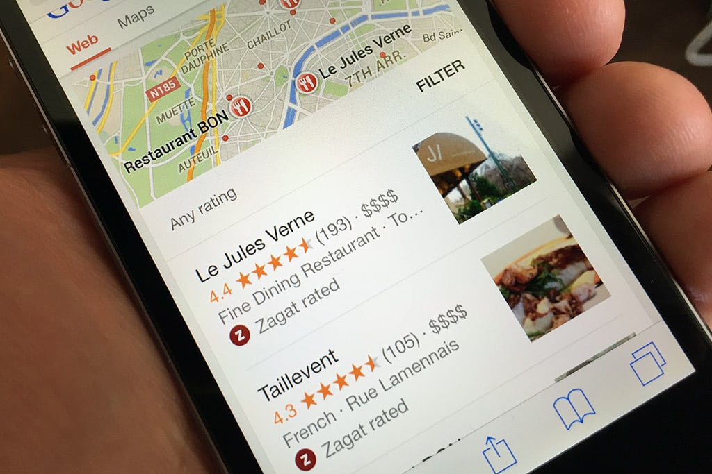 Results of a search for "paris restaurants" on an iPhone serves up Zagat listings first. 