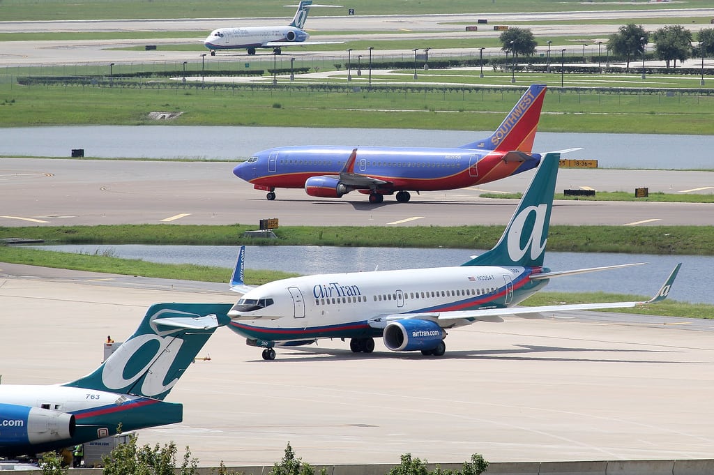 Southwest and AirTran aircraft at Orlando Airport on July 2, 2011, a couple of months after their merger closed.
