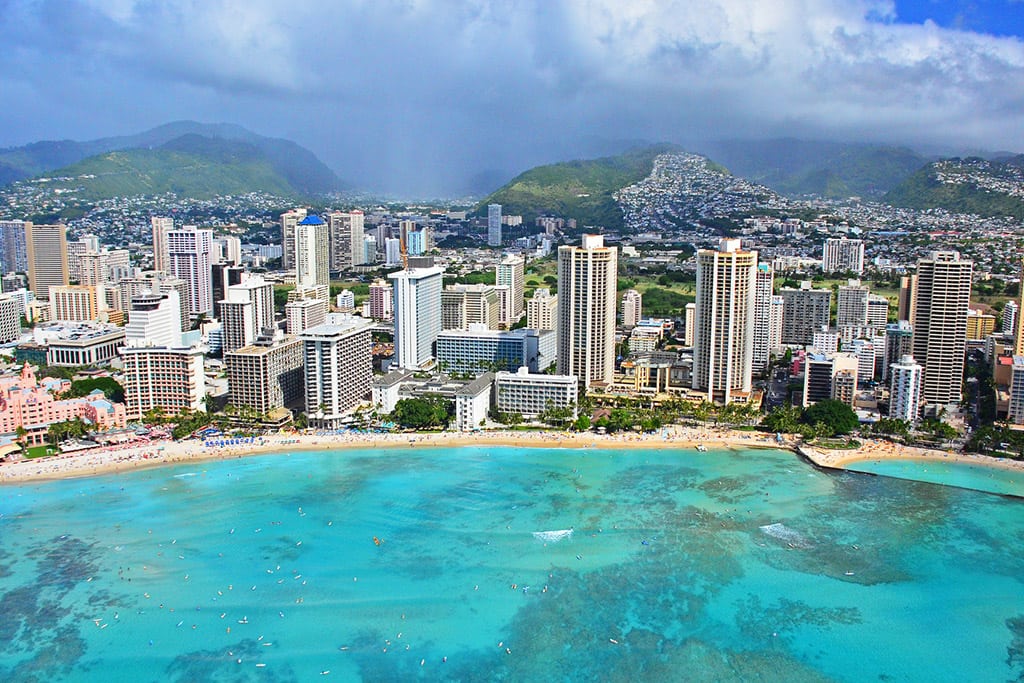 View of Waikiki skyline from the sky. 