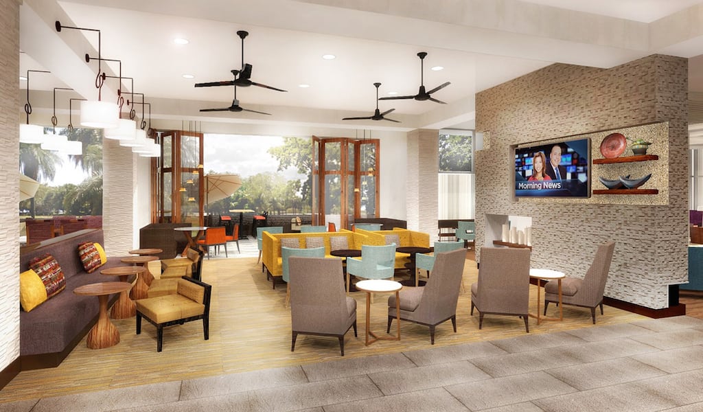 Rendering of the new Homewood Suites lobby designed for the South American market.