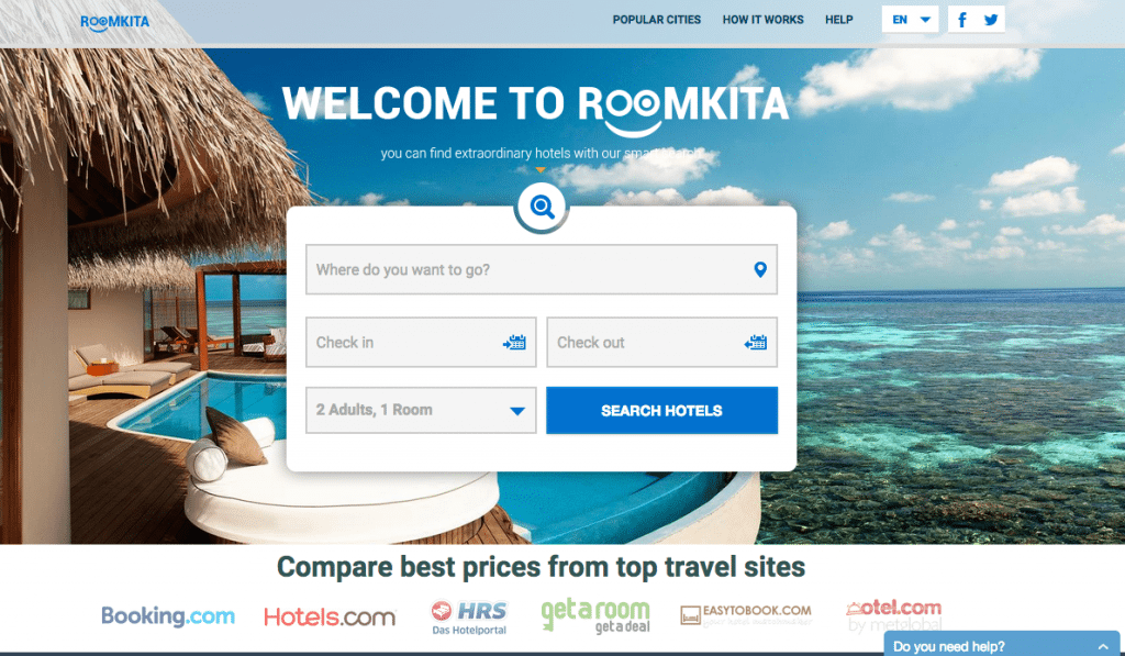 Roomkita is a hotel metasearch site that compares hotel prices from major brands including Booking.com and Hotels.com.