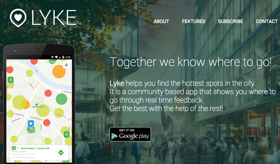 Lyke App is a social discovery app that maps popular places throughout a city by providing real-time feedback from the local community on where to go and what to do. 