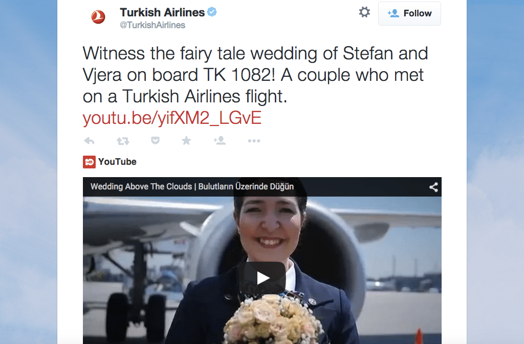 The "Wedding Above The Clouds with Turkish Airlines" YouTube video, which was uploaded as a link on Twitter.