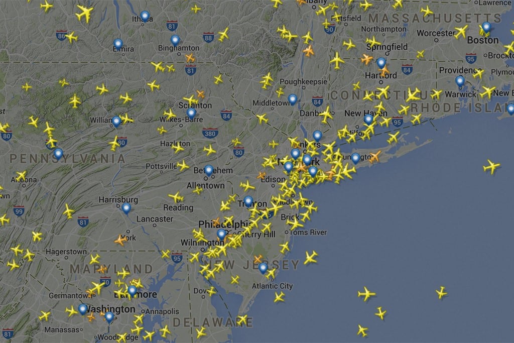 Flightradar24 results over the Northeast of the U.S. 