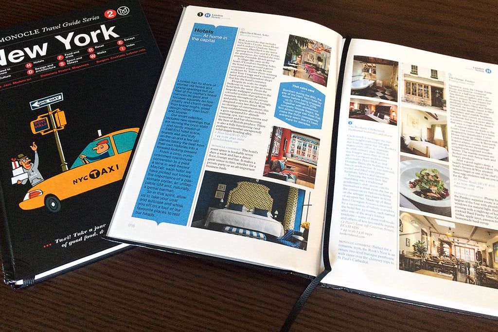 The first two guidebooks in Monocle's travel guide series, London and New York City. 