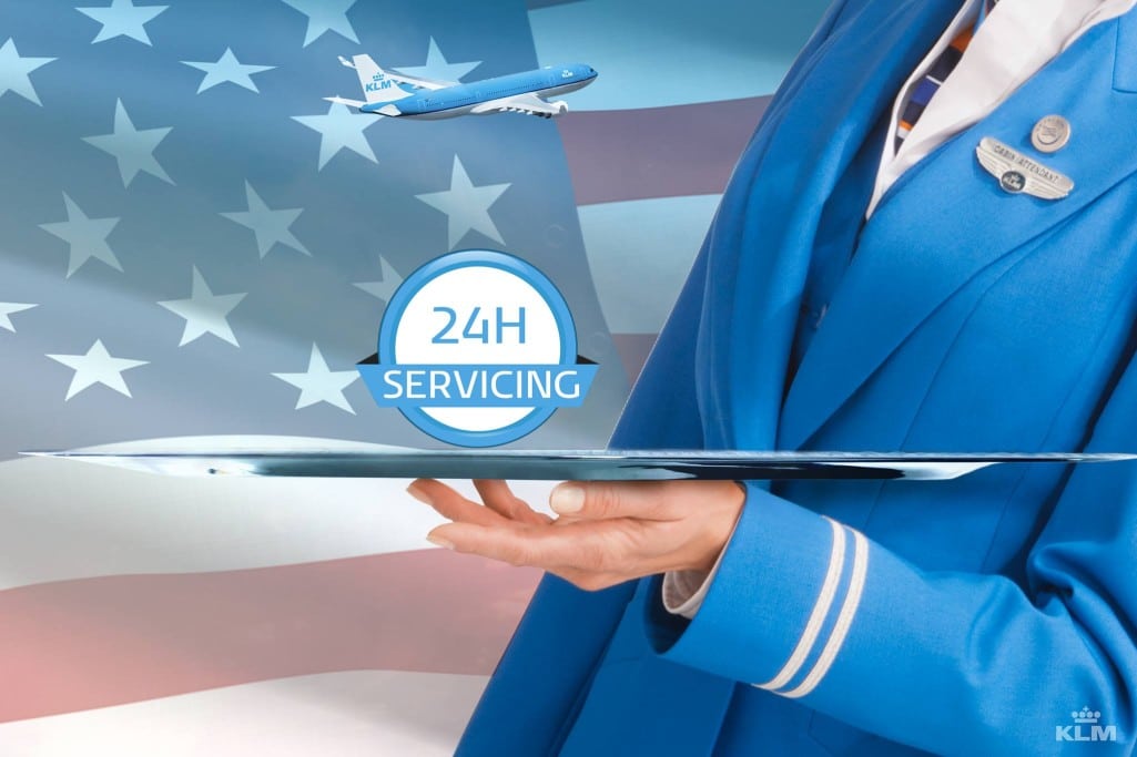KLM USA Page provides customer service 24 hours a day.