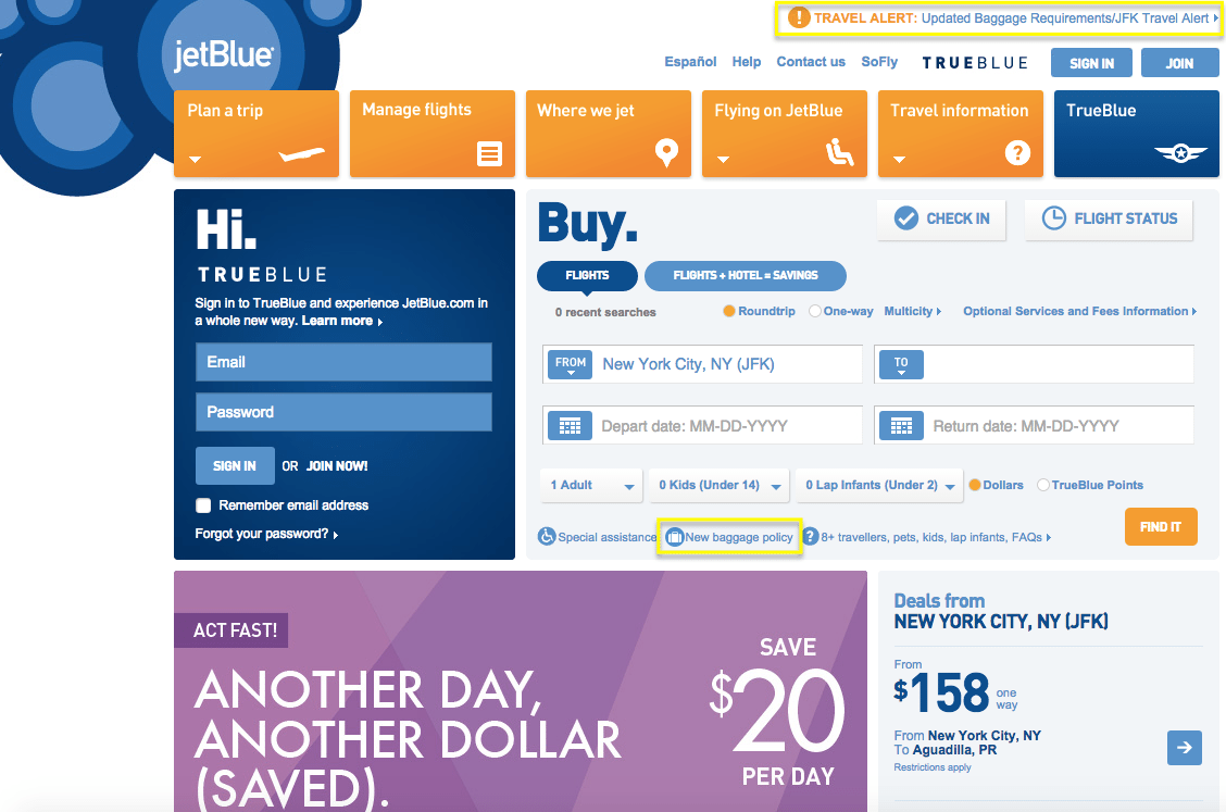 This is a screenshot of JetBlue's new homepage, which has a link to the new checked bag policy.