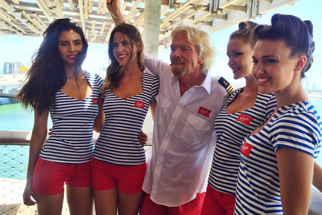 Richard Branson hams it up with not-your-average cruisers in Miami to announce Virgin Cruises' first three ships.