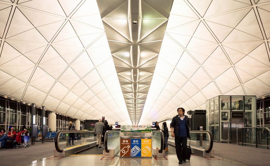  The interior of Terminal 1  of Hong Kong International Airport at night-time.