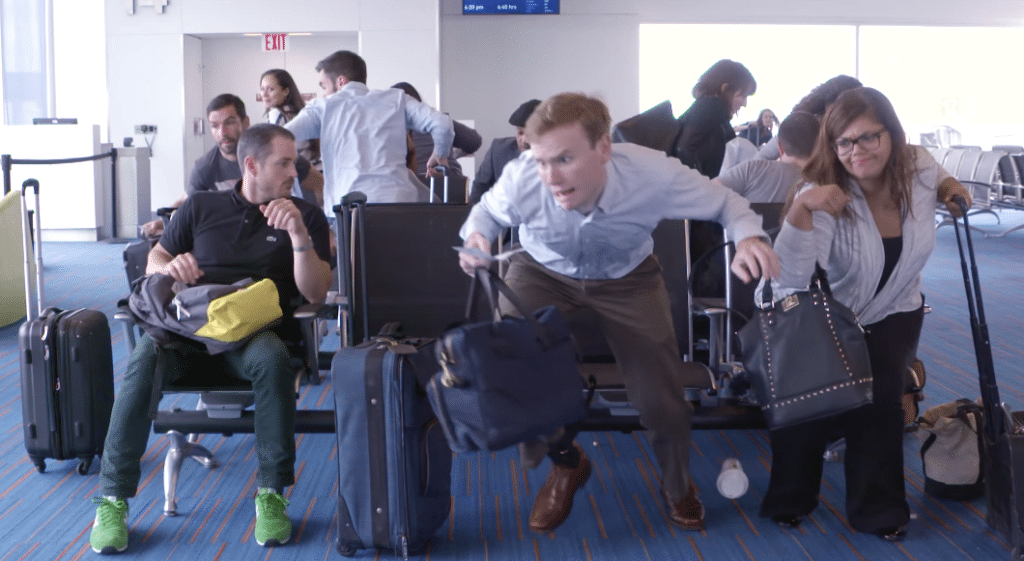 JetBlue crew members' tongue in cheek take on flyer behavior from its latest "Flight Etiquette" series about how (not) to board a flight.