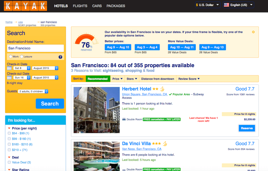 This is a small experiment on Kayak that turns the site into a Booking.com clone, complete with a Reserve button and no price comparisons.