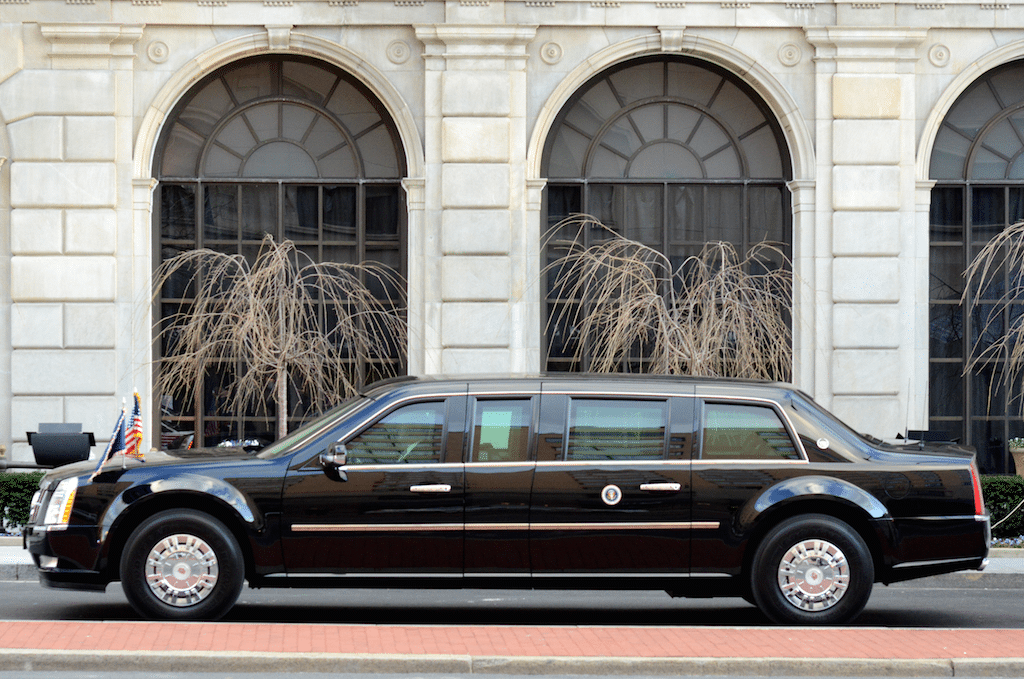President Obama's armored Cadillac limousine parked outside an entrance to the St. Regis Hotel, Washington, D.C. on March 13, 2013.