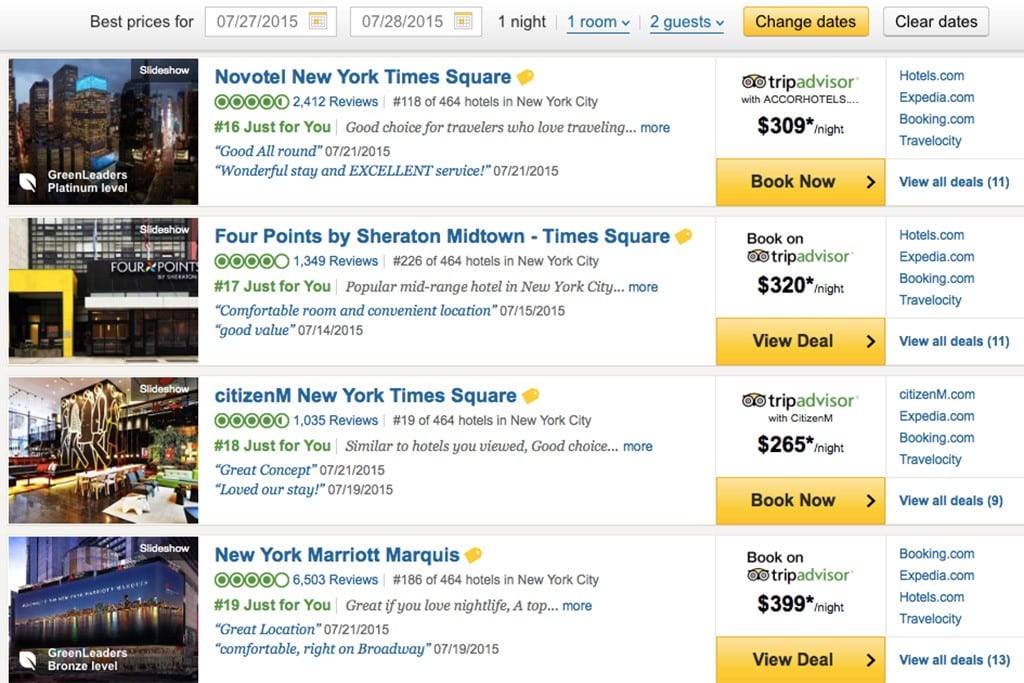 The option of booking hotels right on TripAdvisor is now appearing on a majority of hotel listings in many big cities.