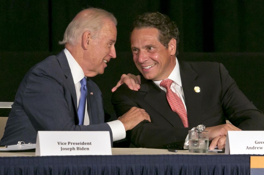 Vice President Joe Biden, left, New York Gov. Andrew Cuomo, chat during the Association for a Better New York luncheon, in New York, Monday, July 27, 2015. 