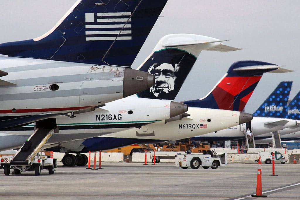 Alaska Air and Delta planes at Long Beach Airport. 