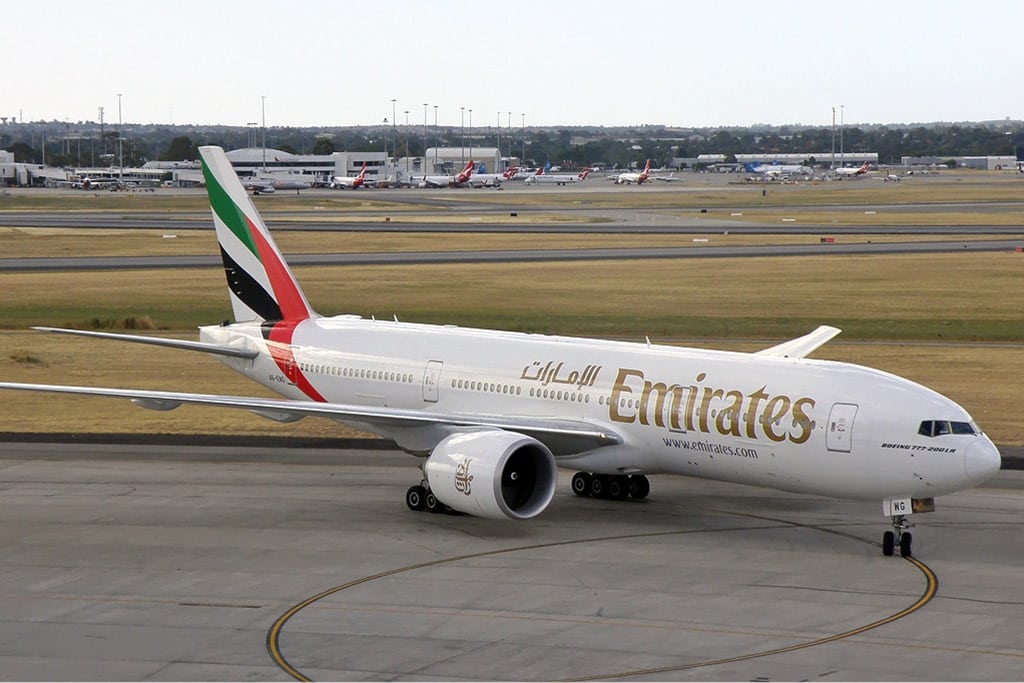 An Emirates Boeing 777 in Perth, Australia. 
