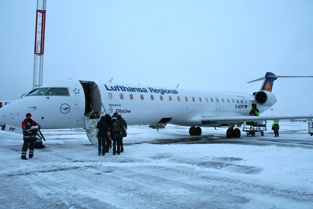 A Lufthansa regional jet on the tarmac in Moscow.