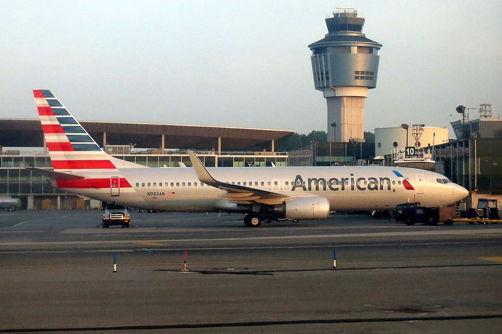 An American Air plane at LaGuardia Airport. 