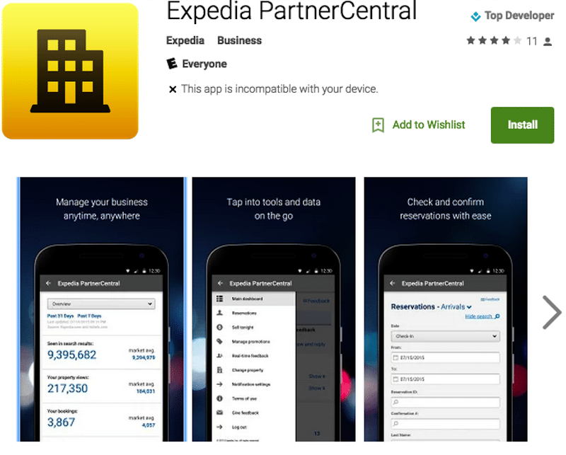 The Expedia PartnerCentral Android app, as shown in Google Play.