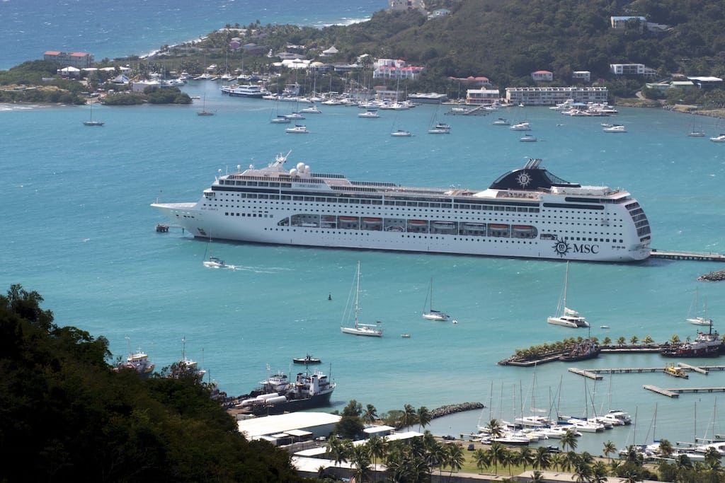 MSC Lirica docked in the Caribbean.