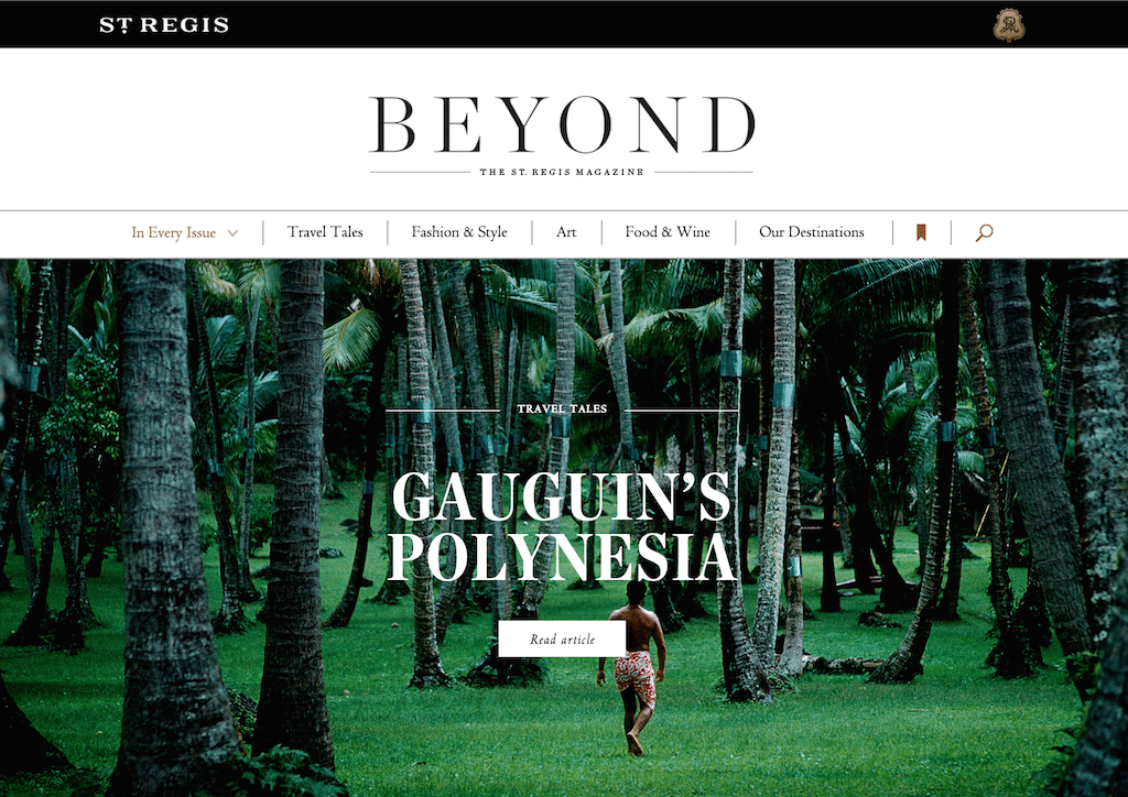 Homepage of St. Regis Hotels' new digital travel magazine, 'Beyond.'
