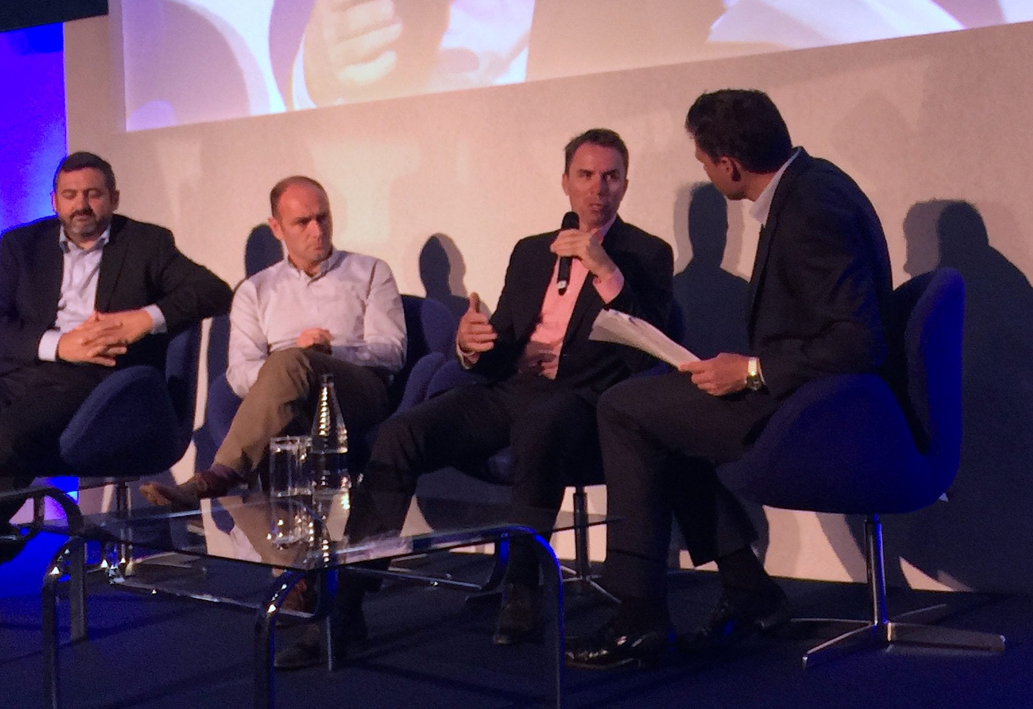 Panel at World Low Cost Airlines Congress, London, 2015. From left to right, Alex Cruz, CEO, Vueling, Kenny Jacobs, CMO, Ryanair, Jozsef Varadi, CEO, Wizz Air, Guy Johnson, Bloomberg