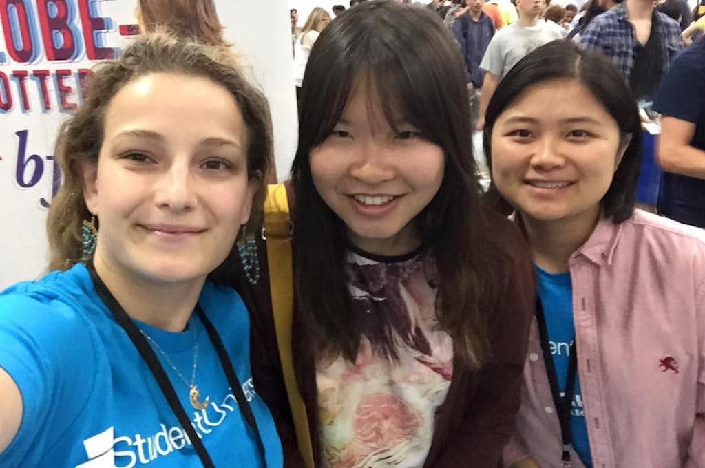 Sophie Zhan (center) meets Student Universe staff at a Caltopia conference in August 2015.