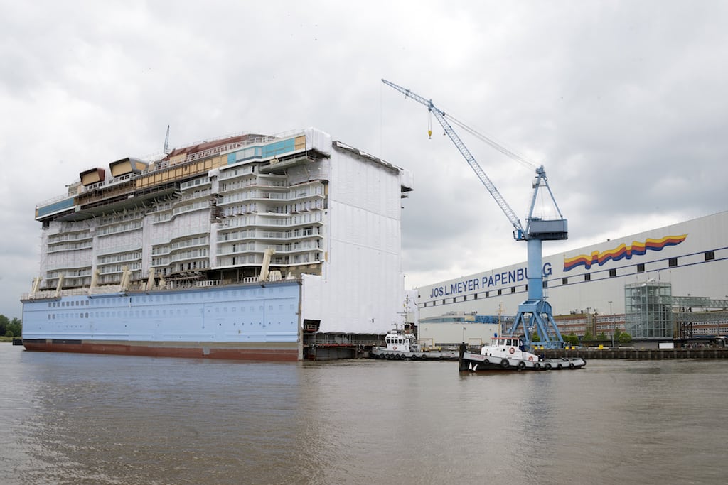 A megablock from Anthem of the Seas is put into position at the Meyer Werft shipyard in Papenburg, Germany. The block is approximately 120 meters in length, 41, 4 meters wide and has a height of 60 meters.