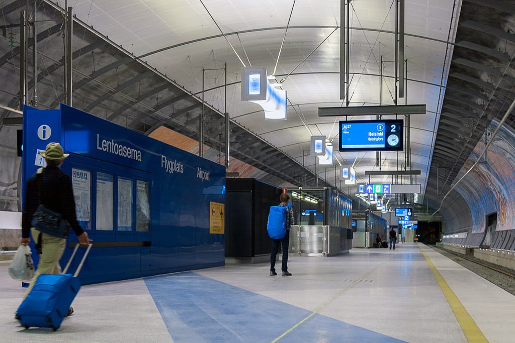 The in-airport train station at Helsinki Airport. 