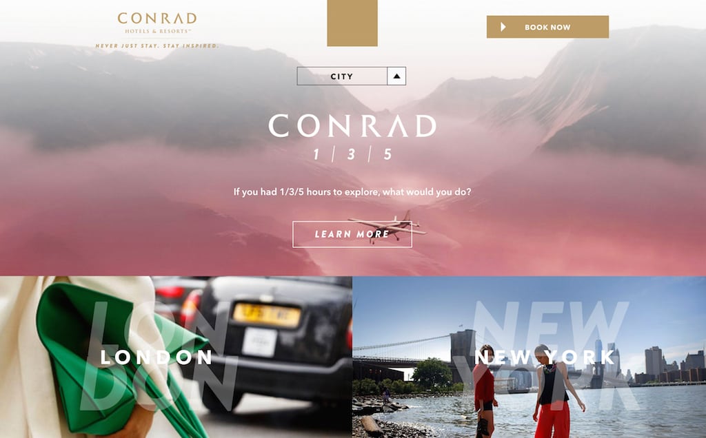 Homepage of Conrad Hotels' new StayInspired.com portal with local travel suggestions for different timeframes.