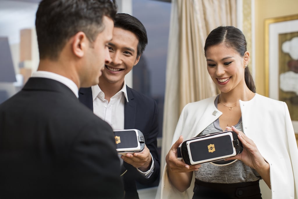 Promo photo depicting the Samsung Gear VR headsets, which hold a Samsung smartphone in the front chamber.