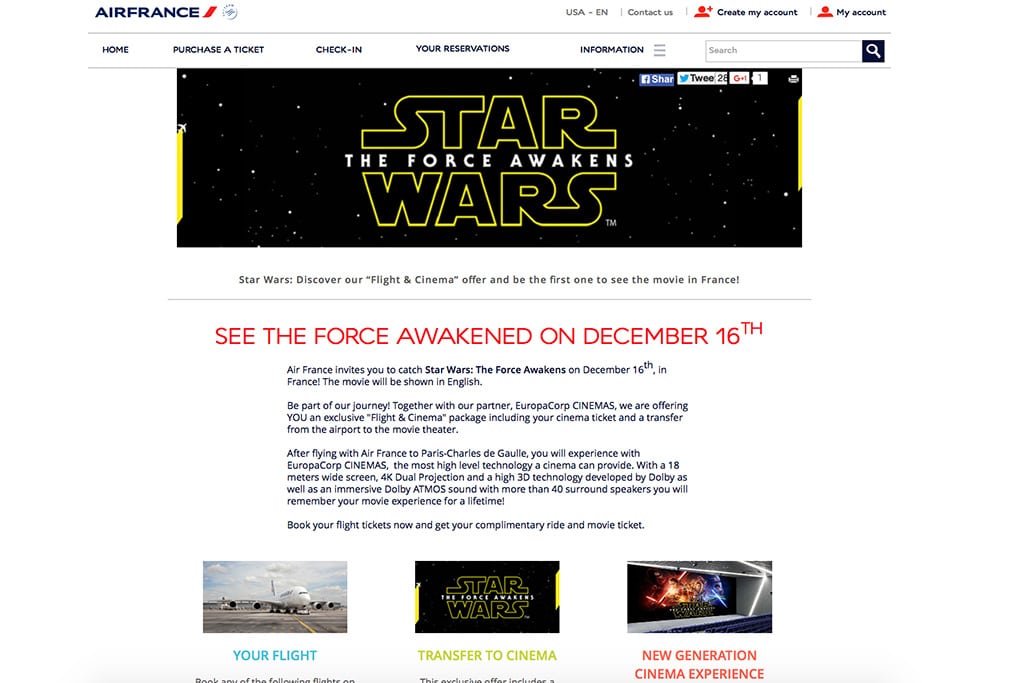 The airline's microsite promoting its Star Wars package. 