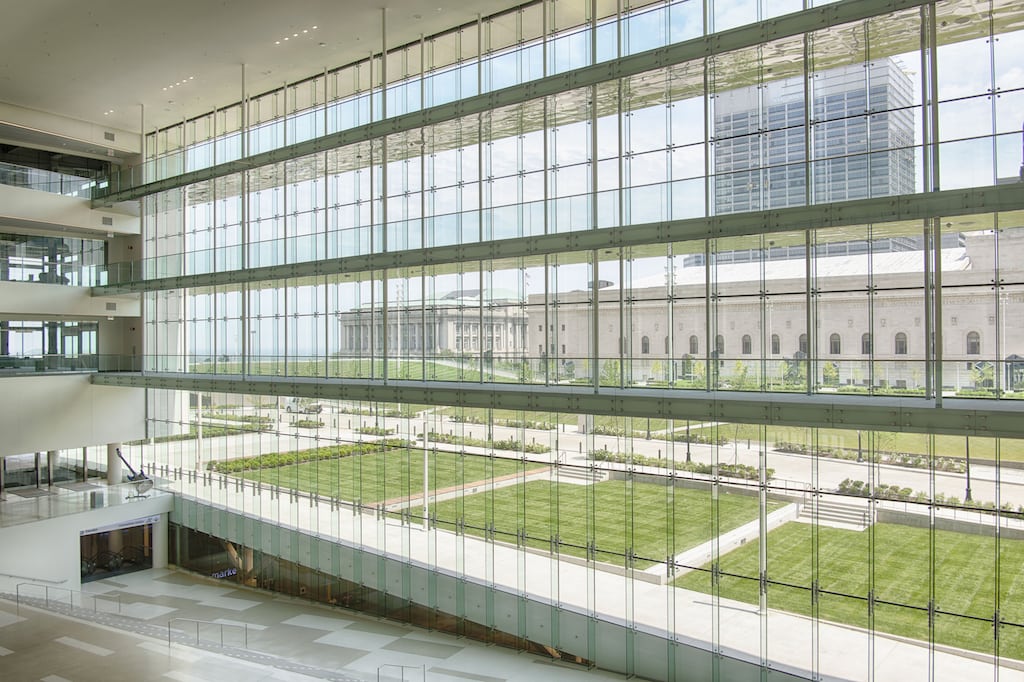 The Global Center for Health Innovation overlooks Lake Erie and the grass roof of the Cleveland Convention Center.