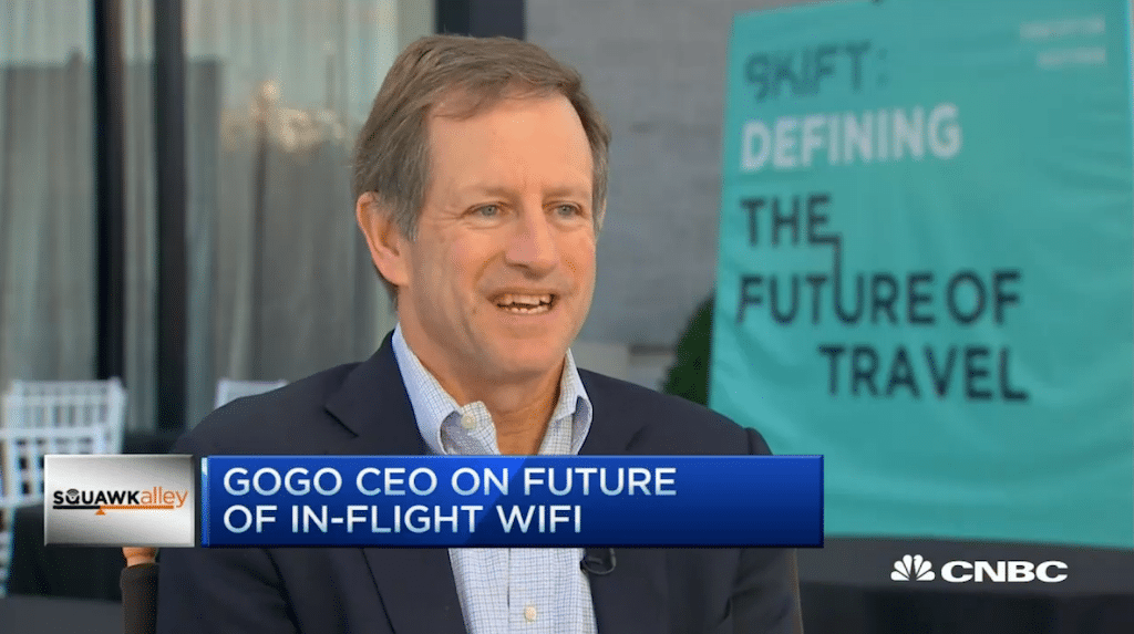 Gogo CEO Michael Small on-air on CNBC at the Skift Global Forum. 