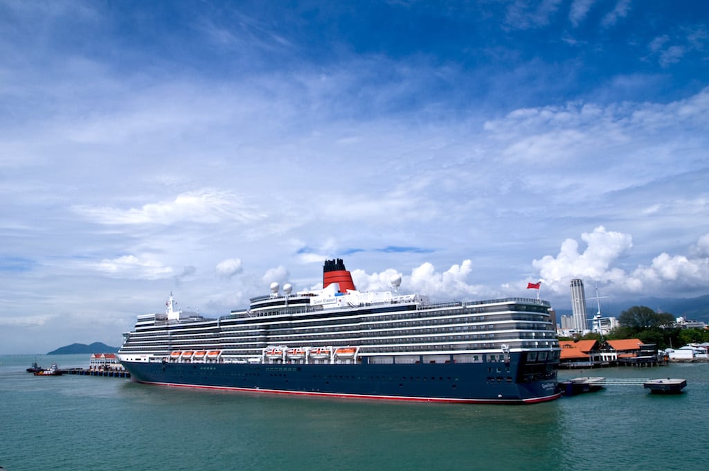 The Queen Elizabeth docked in Penang, Malaysia.