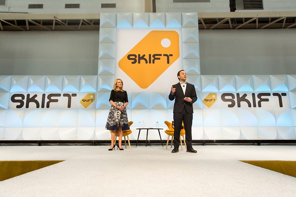 Craig Greenberg and Alice Gray Stites speaking at the Skift Global Forum in Brooklyn, New York on October 14, 2015. 