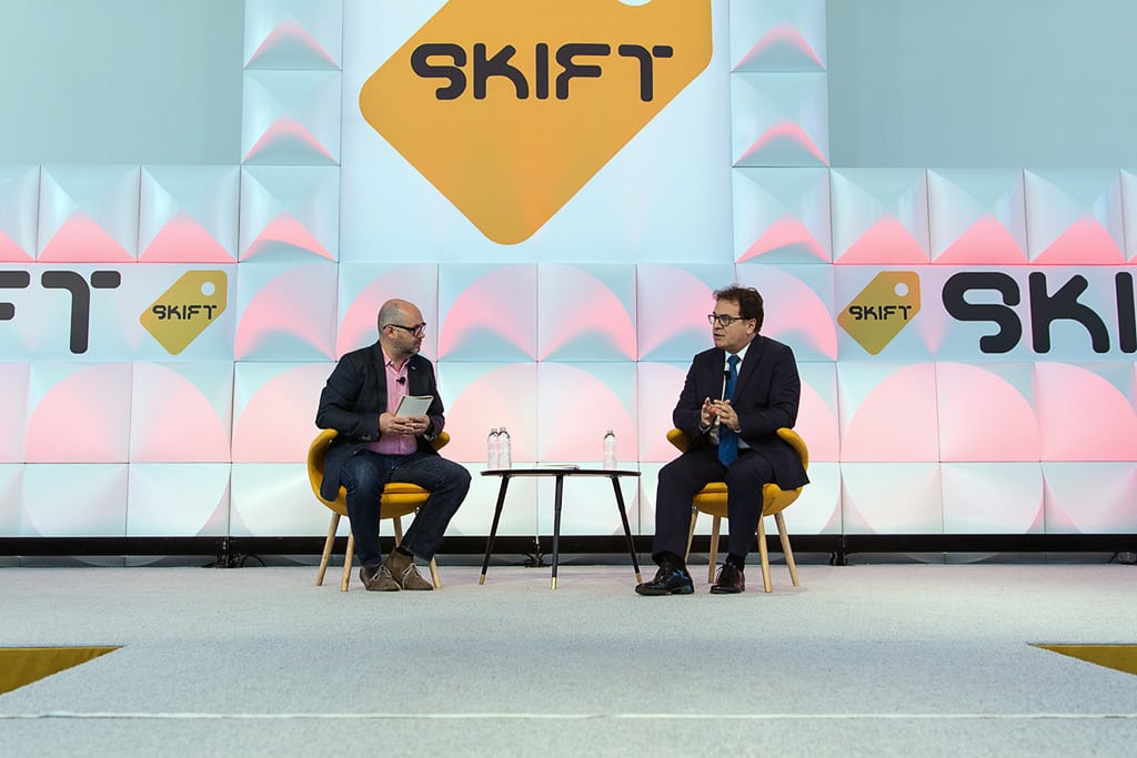 Vinicius Lummertz (right), president of the Brazilian Tourism Board and Jason Clampet, Skift's head of content, speaking at Skift Global Forum on October 15, 2015.