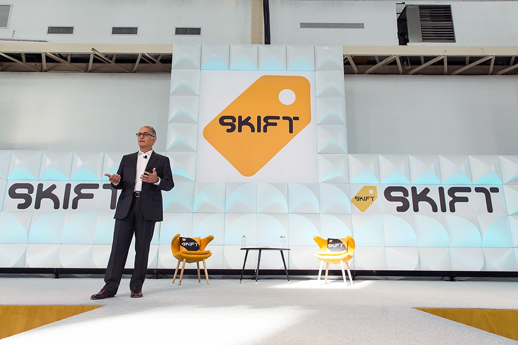 Mark Hoplamazian speaking at the Skift Global Forum in Brooklyn, New York, on October 14, 2015.