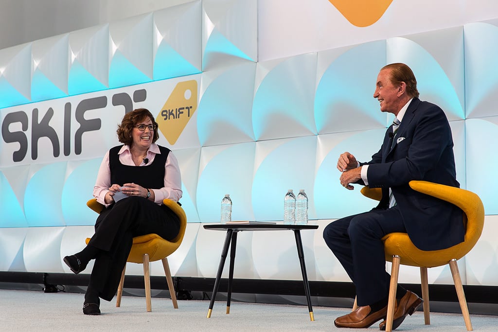 Geoffrey Kent speaking with Wendy Perrin at the Skift Global Forum in Brooklyn, New York, on October 14, 2015. 