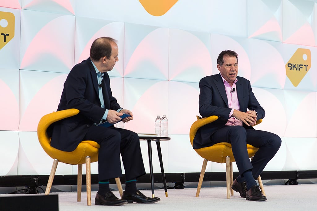Virgin Atlantic CEO Craig Kreeger (right) speaking at the Skift Global Forum in Brooklyn October 15, 2015. Henry Harteveldt of Atmosphere Research Group interviewed him.
