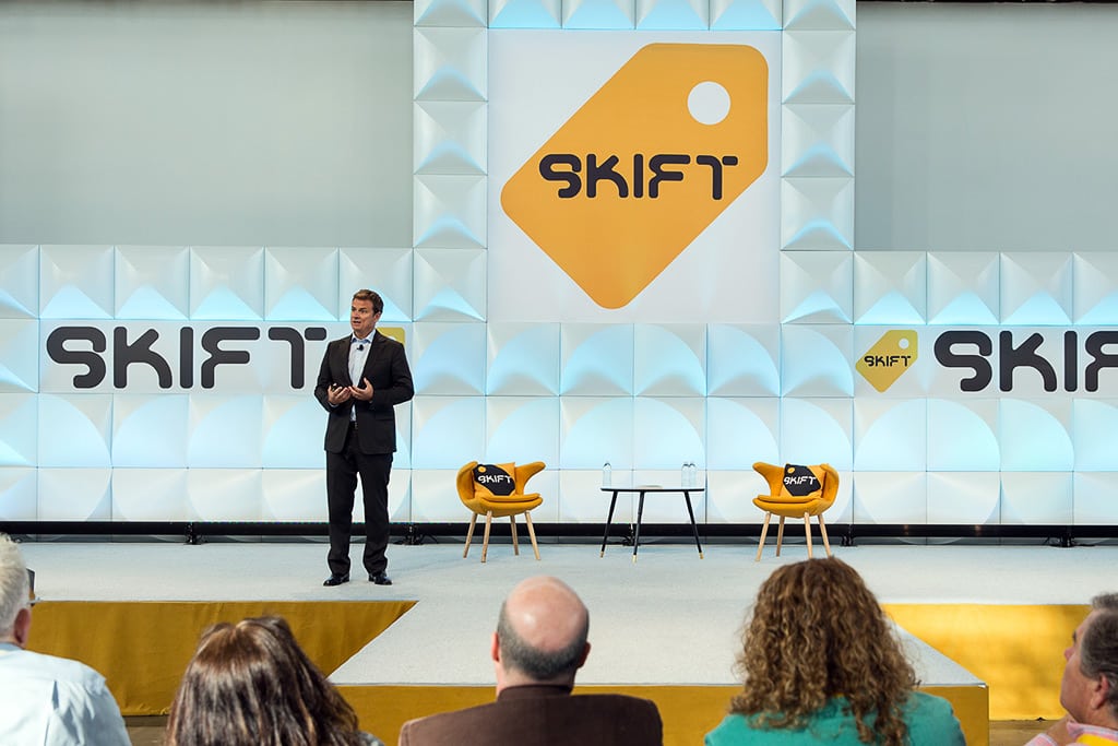 Rick Wise speaking at Skift Global Forum in Brooklyn, New York on October 14, 2015.