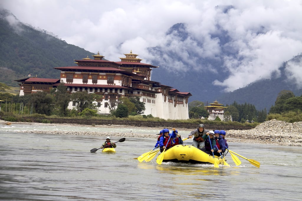Tourists rafting in Bhutan.