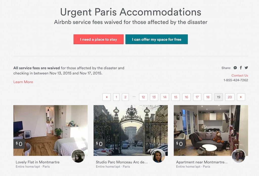 Airbnb hosts offered free accommodations following the Paris attacks on the company's Disaster Response page.
