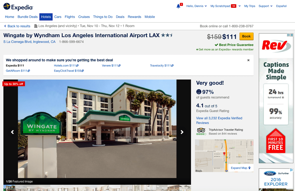 Even during the process of booking a hotel on Expedia.com (shown above), the website shows consumers metasearch-like hotel offers from competitors, including Getaroom, EasyClickTravel, and Expedia Inc. brands Travelocity, Venere and Hotels.com.