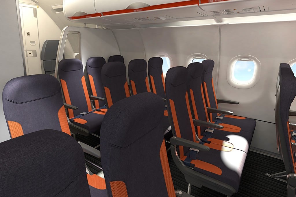 Pre-reclined seats on an EasyJet plane. 