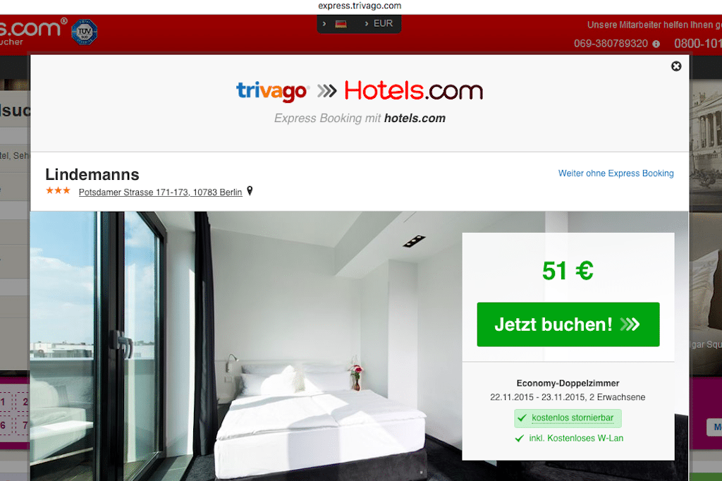 Trivago rolled out Express Bookings with the aim of streamlining bookings for online travel agencies, and an Internet booking engine for hotel partners. The image above shows Trivago's implementation of Express Bookings for Hotels.com.